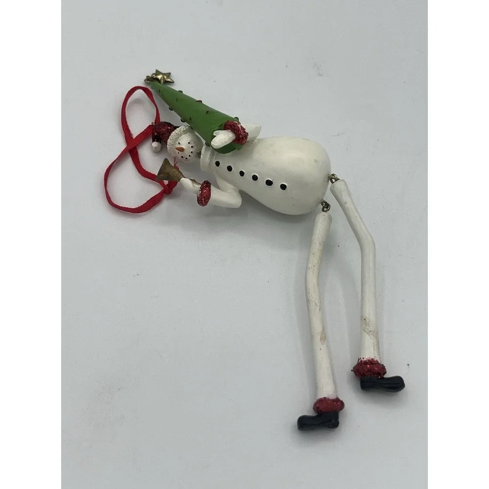 Dancing Snowman Ornament Holding Christmas Tree & Bell Red Glitter 8